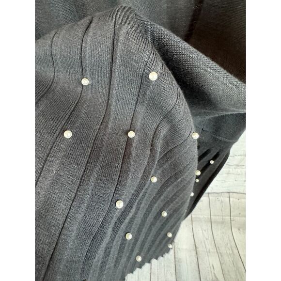 CHICO'S black knit cotton rayon pearl embellished pleated cardigan 1 M NWOT - Picture 4 of 9